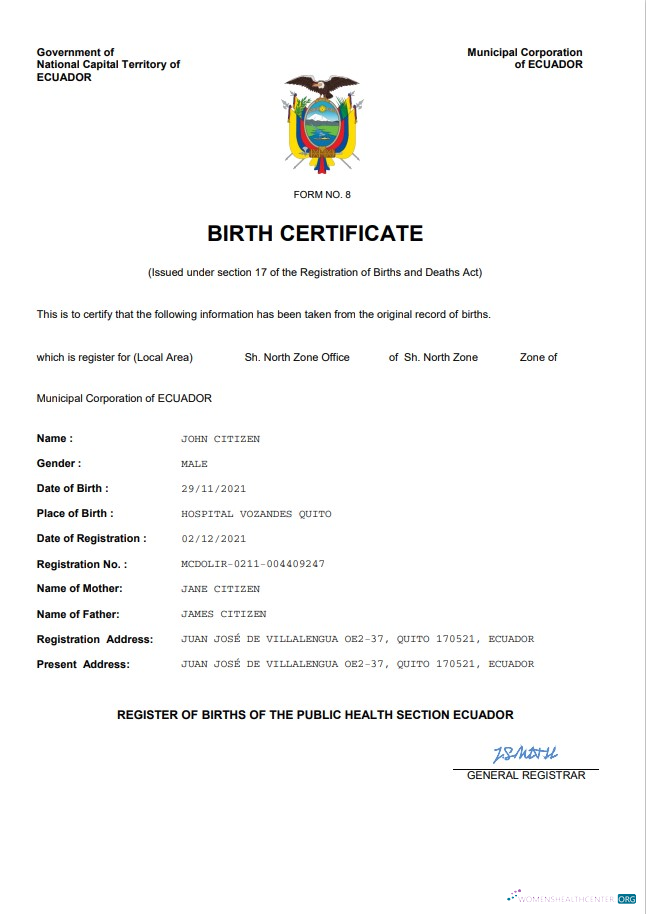 Download Ecuador vital record birth certificate Word and PDF template Photoshop template